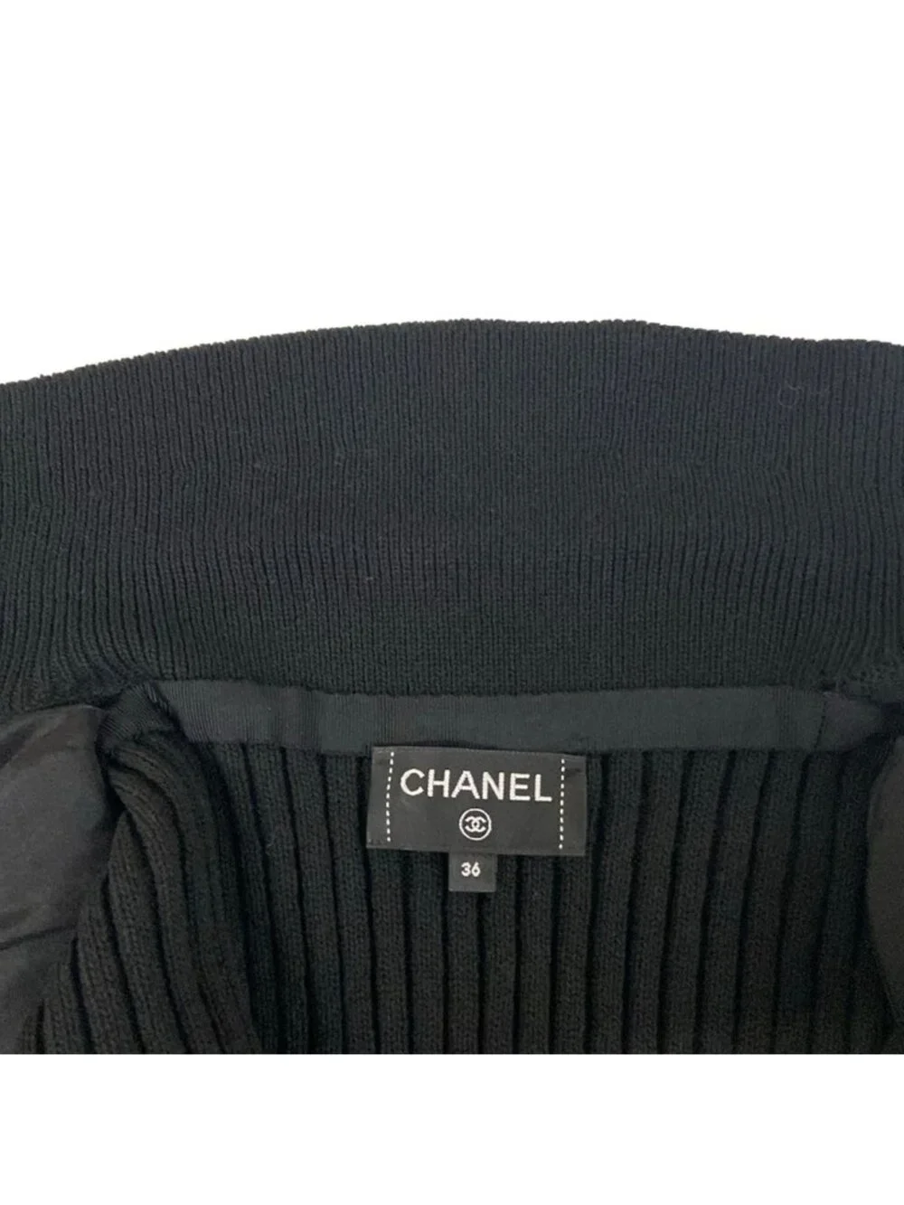 Chanel Jacket 36 S Black Knit Shoulder Pad CC Logo Button Long Sleeve Cotton
